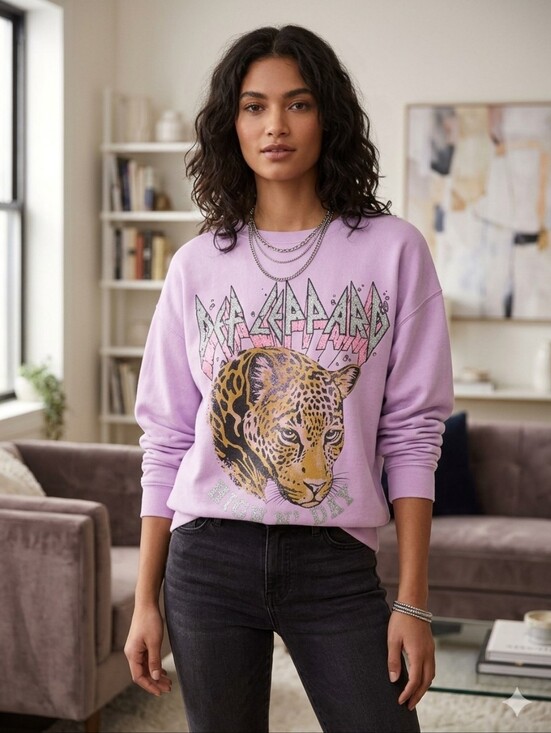 Sweaters - Lavender Graphic Sweatshirt with Leopard Front